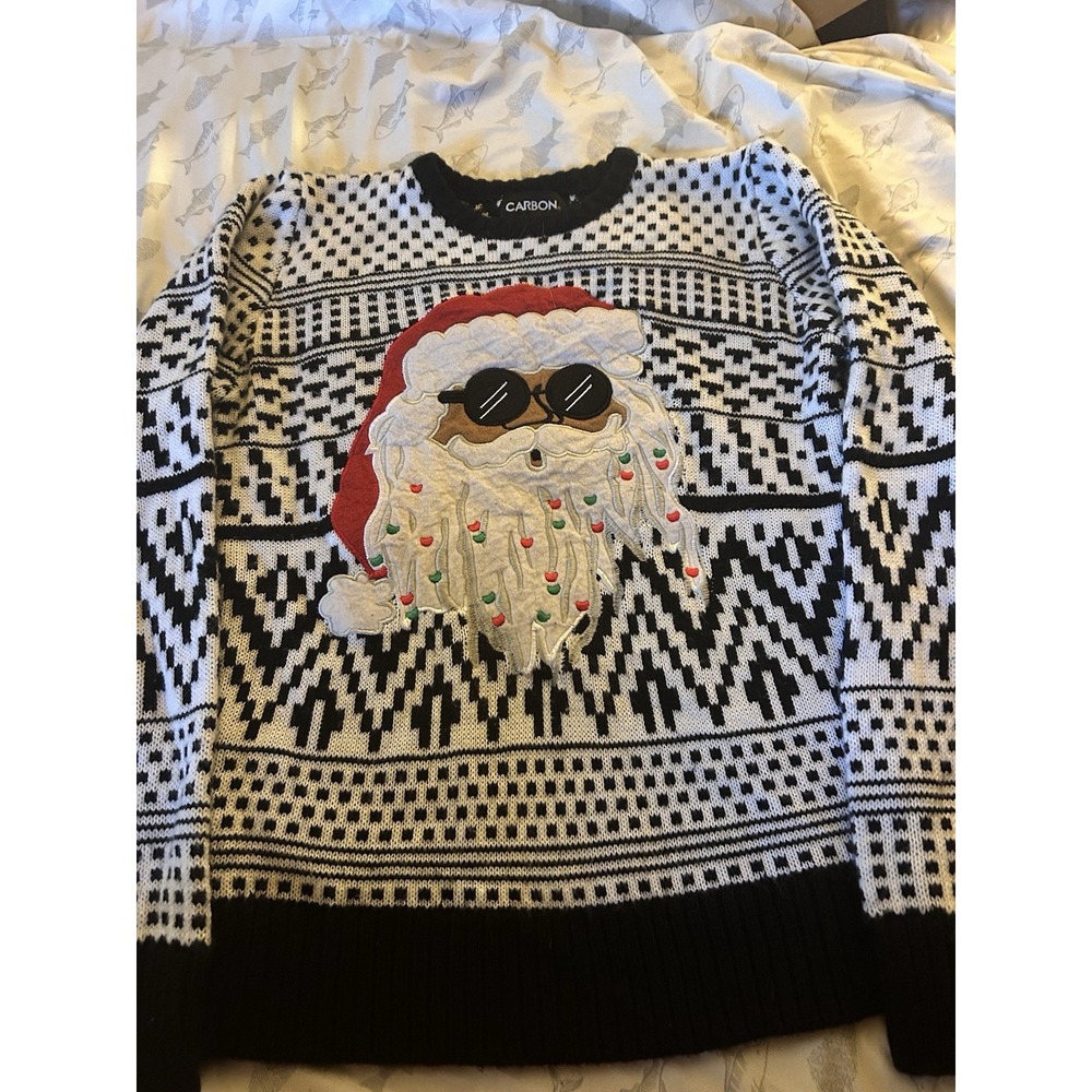 Carbon Ugly Christmas‎ Sweater Santa Sunglasses Applique Black White Size S Mens
